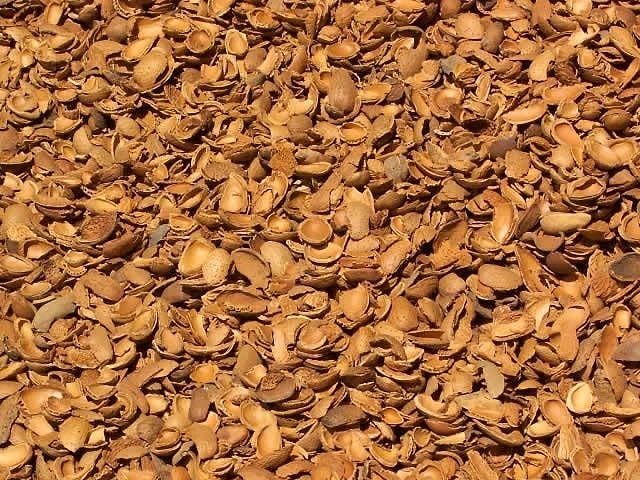 Kırılmış kuru badem kabukları yığını, yüksek kalorili biyokütle yakıtı